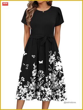 Midi Dress with Pockets Flowy T-Shirt Sundress